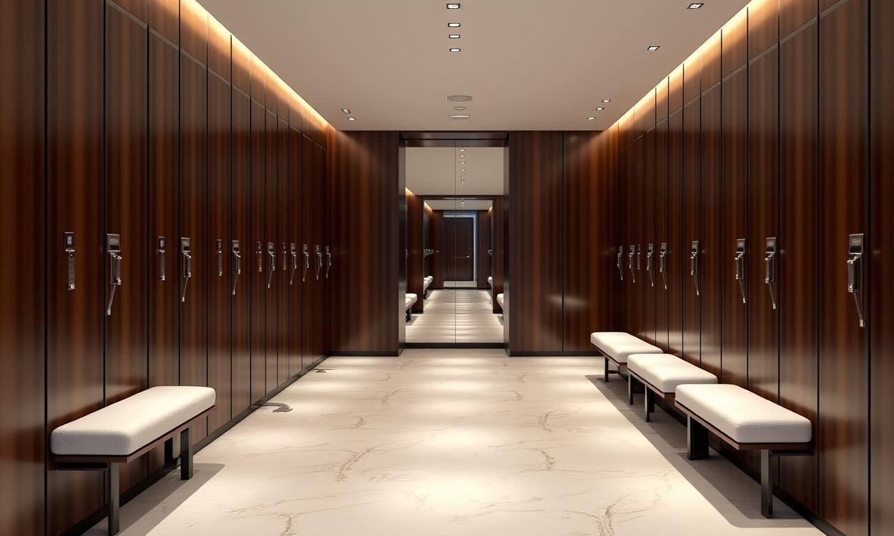 Moderne und saubere Umkleidekabinen aus dunklem Holz.